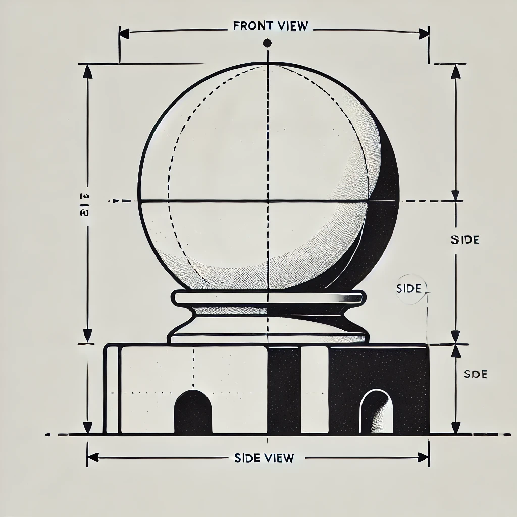 DALL·E-2024-12-03-12.58.41-A-black-and-white-schematic-drawing-of-a-small-sculpture-with-a-rounded-dome-shaped-base-and-a-rectangular-block-on-top.-Include-a-front-view-and-a-si.webp
